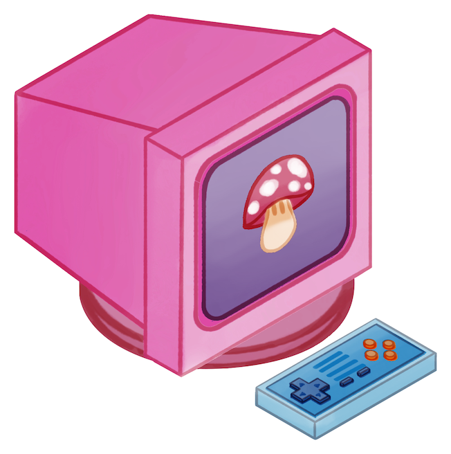 A CRT monitor with a red mushroom on it. An NES controller sits in front of it.